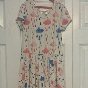 Dot Dot Smile Classic Cap Dress White with blue & pink rain clouds Size12/14
